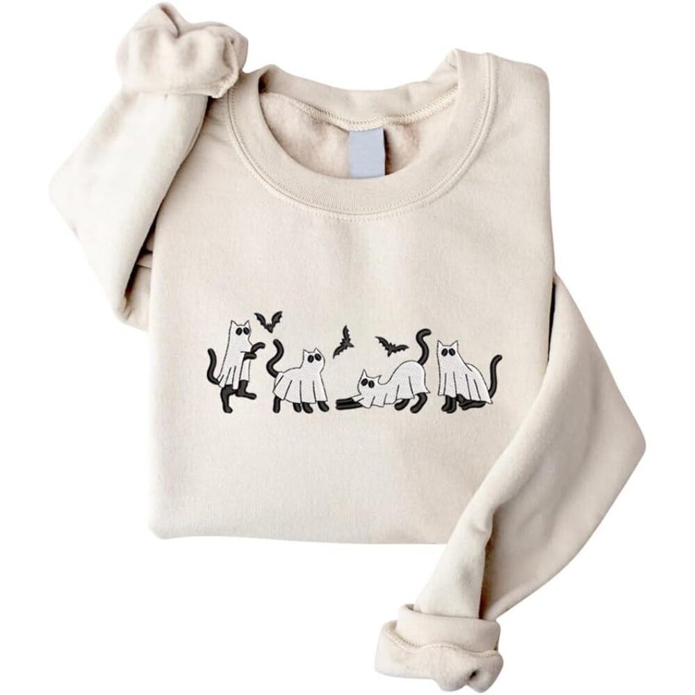 Halloween Ghost Cat Sweatshirt Cotton Fall Spooky Season Fun Unisex